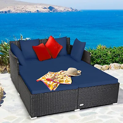 Patio Rattan Daybed Pillows Cushioned Outdoor Furniture Curved Backrest Navy • $219.99