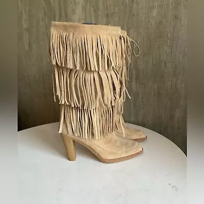 Michael Michael Kors Tan Beige Suede Fringe Crepe Sole Midcalf Heeled Boots - 10 • $78