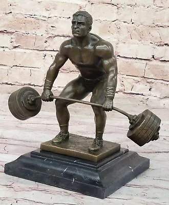 Weightlifters Hand Made Art Sport Trophy Bronze Masterpiece Marble Base Gift • $299