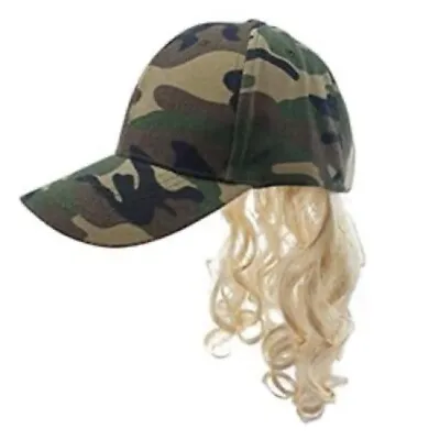 Camo Hat Mens Ball Cap With Mullet Attached Blonde Wig Curls Halloween • $14.99