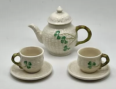 Vintage Belleek Miniature Shamrock Tea Set Childs Tea Playset Teapot 2 Cups & • $24.50