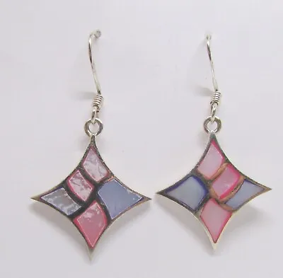 925 Sterling Silver Blue & Pink Mother Of Pearl Pierced Earrings 33x17mm ~2.4g • $9.95