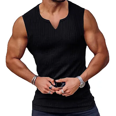 Men Ribbed Solid Color Sports Tank Top Vest Sleeveleess V Neck Muscle Shirts • $13.99