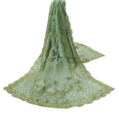 Vintage Gray Dupatta Pure Organza Silk Long Stole Hand Embroidered Scarf Floral • $63.75