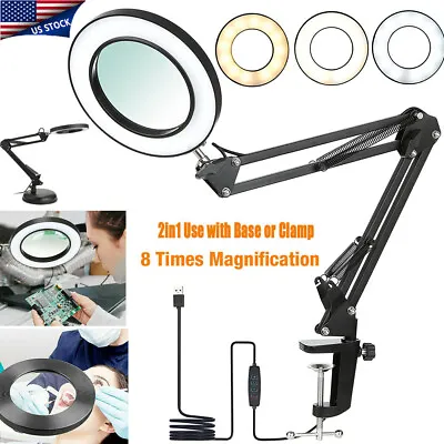 $29.84 • Buy Magnifier LED Lamp 8X Magnifying Glass Desk Table Light Reading Lamp Base &Clamp