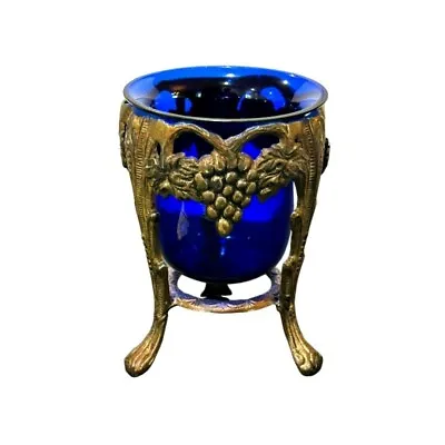 Ornate 3 Footed Brass Stand Grapes Design Cobalt Blue Glass Vase Votive Vintage • $21.88