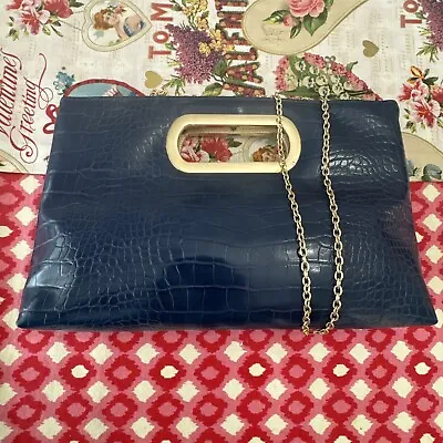 VINTAGE Lizard Leather Envelope Clutch Handbag Purse Blue Gold Chain - Pictures! • $60