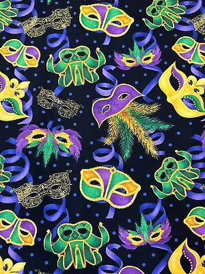 Mardi Gras Party Masks By Henry Glass Masquerade Mask Cotton Fabric Half Yard • $6.25