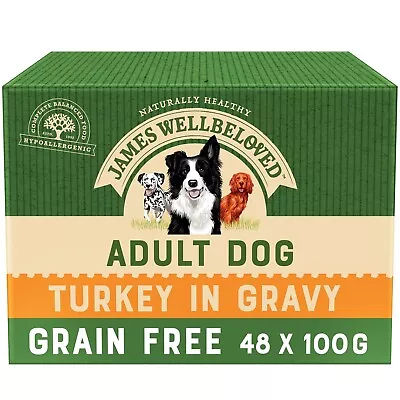 48 X 100g James Wellbeloved Grain Free Adult Wet Dog Food Pouches Turkey Gravy • £34.99