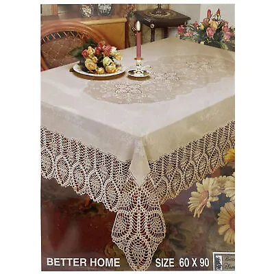 1 Beige Vinyl Crochet Tablecloth Vintage Lace Doily Cloth Rectangular 60  X 90  • $19.57