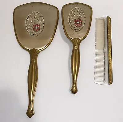 Vintage Gold Tone Hand Mirror Brush Comb Set With Gold Pink Rhinestones & Roses • $16