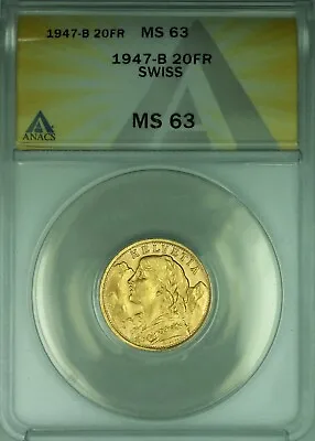 $485 • Buy 1947-B Swiss 20 Francs Switzerland Gold Coin ANACS MS-63 (DW)