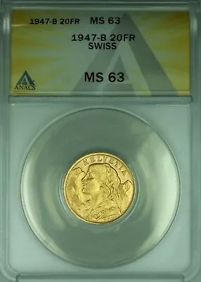 1947-B Swiss 20 Francs Switzerland Gold Coin ANACS MS-63 (DW) • $485