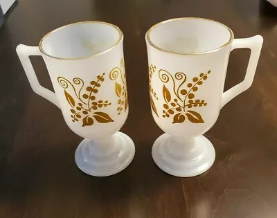 Vintage Milk Glass Coffee Mugs Mid Century Mustard Green Whimsical Pattern • $14.50