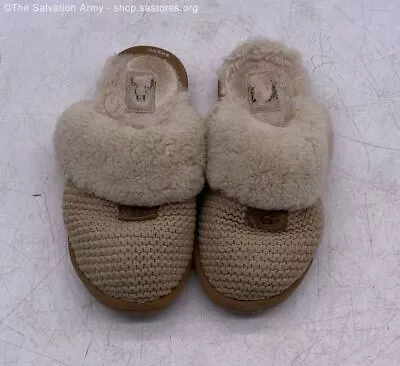 Ugg Women's Beige Sweater-Knit Fluffy Collared Sheepskin Mule Slippers Size 7 • $19.99