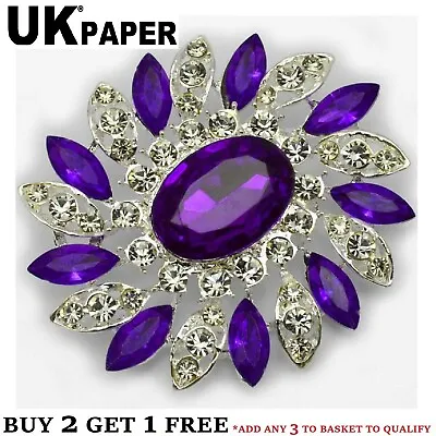 New Large Silver Flower Brooch Purple Diamante Rhinestone Crystal Broach Gift Uk • £6.45