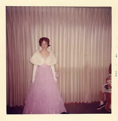 VTG Photo Young Woman Girl Pink Dress White Fur Stole Long Gloves 1960s Retro • $9.99