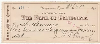 1897 Bank Of California Check Savage Mining Co Virginia City Nevada • $31.99