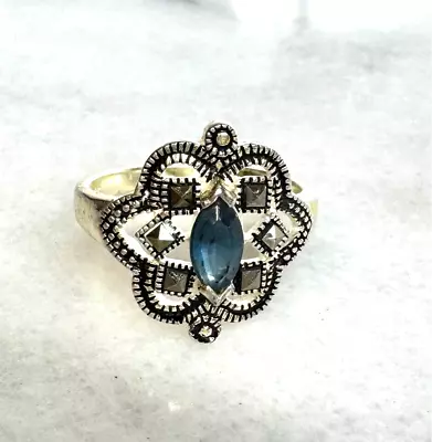 925 Sterling Silver Blue Cz And Marcasites Ring Size 8 • $31