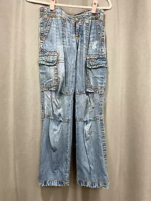 J1) True Religion Cargo Big T Pants Sz 24 Lightweight Thin Denim Women Low Rise • $55