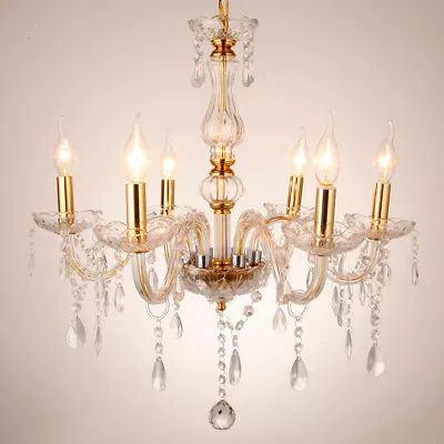 £57.95 • Buy 6 Arm Gold Clear Crystal Chandelier Ceiling Light Droplets Pendant Vintage Lamp