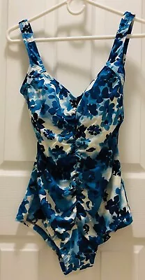 Maxine Of Hollywood Blue Floral One Piece Bathing Suit Sz 12 • $9