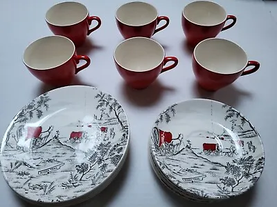 Washington Pottery 60’s Wagon Trail Tea Cup & Biscuit Plate Vintage. 18 Pieces.  • £49