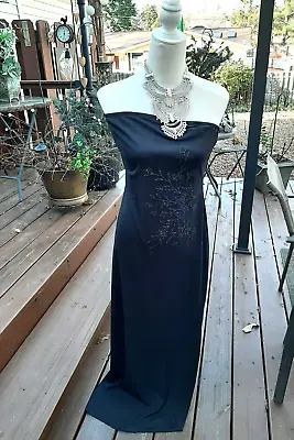 VINTAGE ROBERTA STRAPLESS HIGH SLIT BLACK EVENING GOWN Floral Beaded Accent 12 • $27