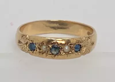 9ct Gold Ring Sapphire And Seed Peral Band Ring Size M 1/2 - 9ct Yellow Gold • £168