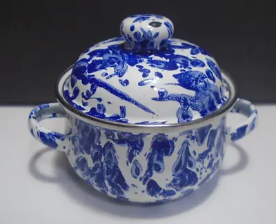 Vintage Splatter Blue Enamelware Graniteware 2 Cup Pot W/ Lid & Handles • $9.99