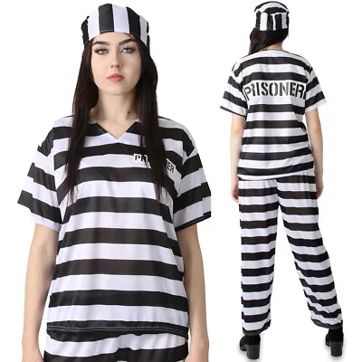 Womens Prisoner Costume Black White Top Trousers Convict Halloween Fancy Dress • £19.99