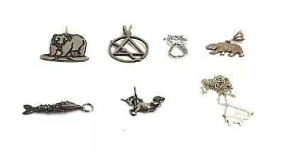 Lot Of 7 Sterling Silver Figural Animal Pendants - Bear Cat Unicorn & More • £41.02