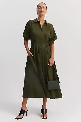 COUNTRY ROAD CINCHED SHIRT MIDI DRESS In Dark Olive RRP$279 • $209