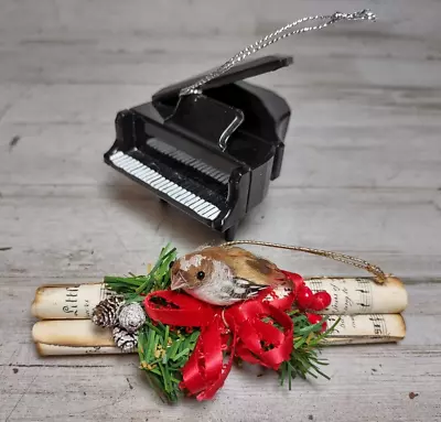 Lot Of 2 Music Christmas Ornaments Grand Piano And Carol Sheet Music W/ Bird • $7.82