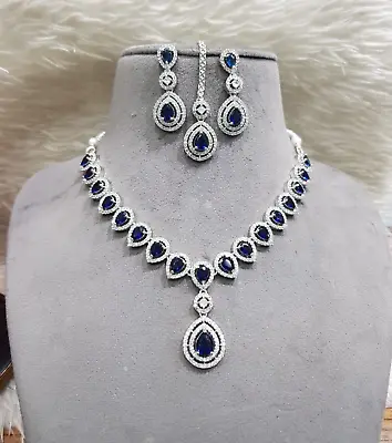 Indian Bollywood Silver Plated Ethnic AD CZ Jewelry Earrings Necklace Bridal Set • $24.63