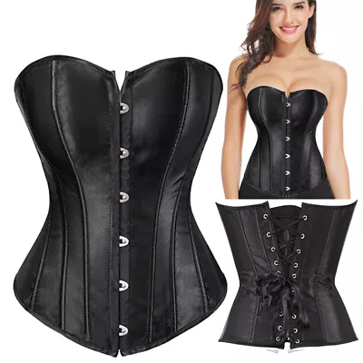 Womens Boned Overbust Black Matte Corset Lace Up Waist Trainer Slim Waspie S-6XL • £21.79