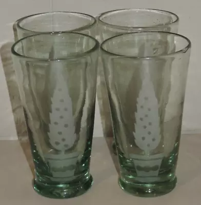 Four (4) Mariposa Style Green Glass Tumblers Etched Potted Tree Image 6 1/2  H • $80