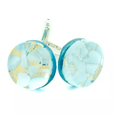 Murano Glass Cufflinks Circular Gold Light Blue Venice Wedding Made In Italy • £15.95