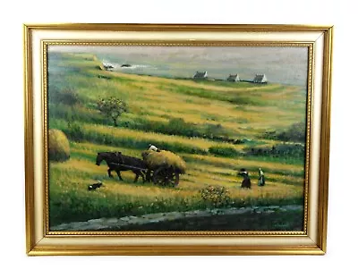 Vintage Mid Century Oil Painting Pastoral Maine Seaside Farm Hay Cart Signed • $90