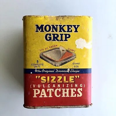 Vintage Monkey Grip Sizzle Tire Patch Tin/Cardboard Composite Can • $7