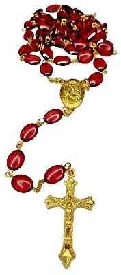 Vintage St Therese Of Lisieux Flat Red Glass Beads Gold Tone Catholic Rosary • $19.95