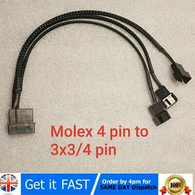 Molex To 3 X 3 Pin Fan 20cm Y Splitter Power Cable 5v 12v Black Sleeved • $5.58