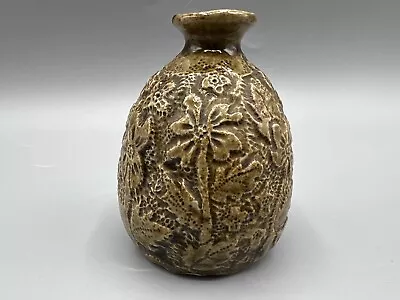 Vintage Signed Studio Art Pottery Hand Carved Floral Small Weed Pot Vase 3.25” • $14