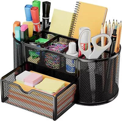 Mesh Office Supplies Desk Organizer Pen Holder Caddy With Drawer 9 Compartments • $17.89