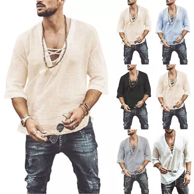 Mens Lace-Up V-Neck Henley Shirt Half Sleeve Beach Tee Summer Casual Hippie Top⊰ • £15.19