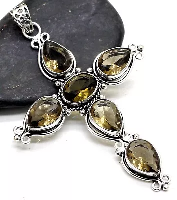 925 Sterling Silver Smoky Quartz Gemstone Handmade Jewelry Cross Pendant Size-3 • $19.99