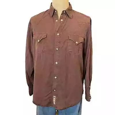 Larry Mahan Brown Tencel Western Cowboy Pearl Button Down Shirt L • $38