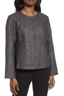 EILEEN FISHER Charcoal Gray Wool Hemp Donegal Tweed Full Zip Jacket Size S $398 • $22