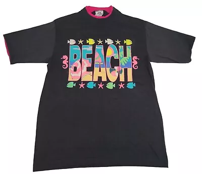 Vintage 80's  Single Stich Layered T-Shirt Tropical Island BEACH Shirt Neon M • $25.49