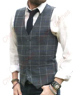 Mens Waistcoat - Grey Gray Check Slim Fit Tweed Style Vest Gilet All Sizes • $43.48